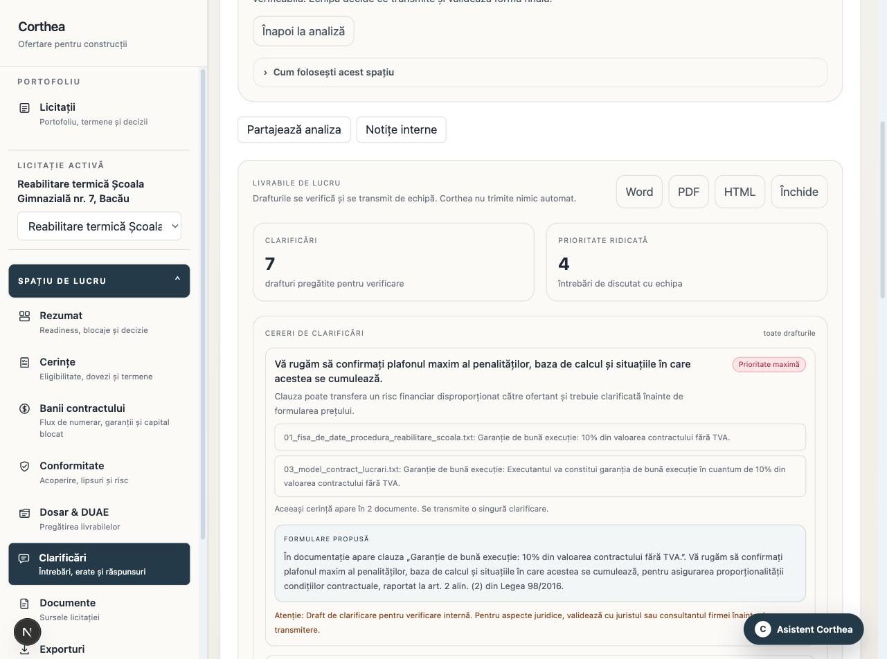 Spațiul Clarificări din Corthea, cu o întrebare de prioritate maximă și sursele din două documente.